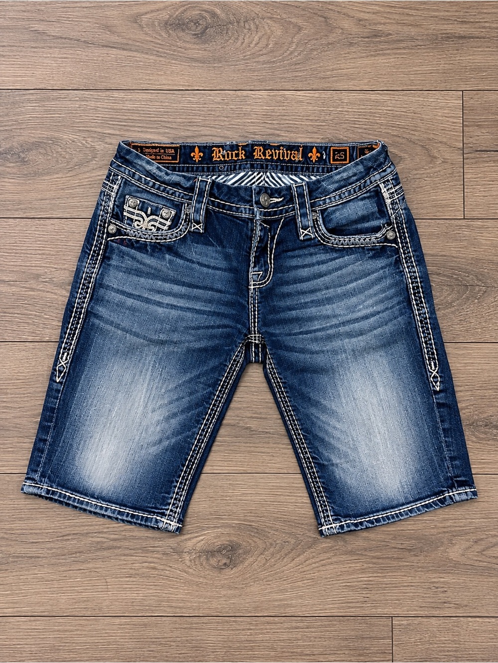Rock Revival Blue Faded Embroidered Denim Shorts